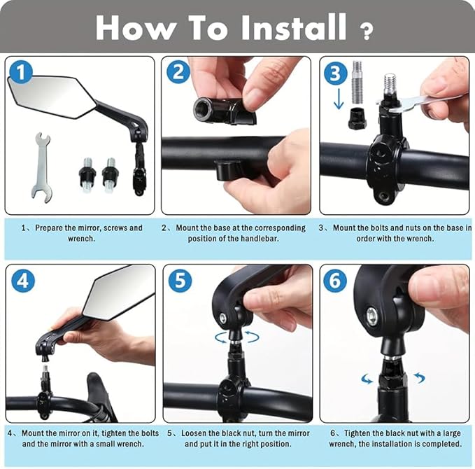 Bike Mirror for Ebike, Large HD Glass Rearview Mirror, 360° Adjustable & Foldable Handlebar Mirror for Night Riding, Scratch Resistant, Stable at High Speed, Easy Install