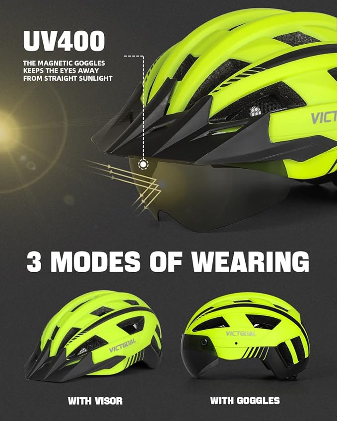 VICTGOAL Bike Helmet with USB Rechargeable Rear Light Detachable Magnetic Goggles Removable Sun Visor Mountain & Road Bicycle Helmets for Men Women Adult Cycling Helmets