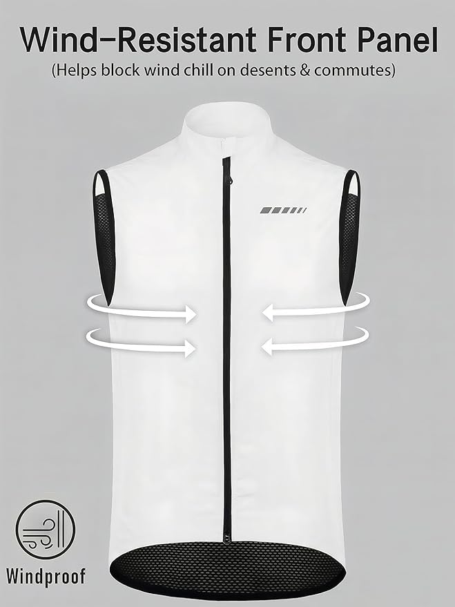 qualidyne Men’s Lightweight Windproof Cycling Vest, Full-Zip Sleeveless Bike Gilet with Breathable Mesh Back and Reflective
