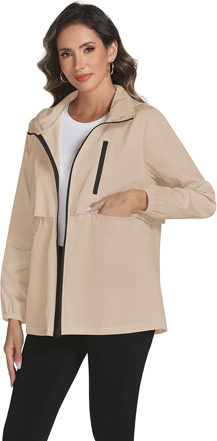 Avoogue Rain Jacket Women with Hooded Lightweight Waterproof Raincoats Packable Zipper Pockets Windbreakers