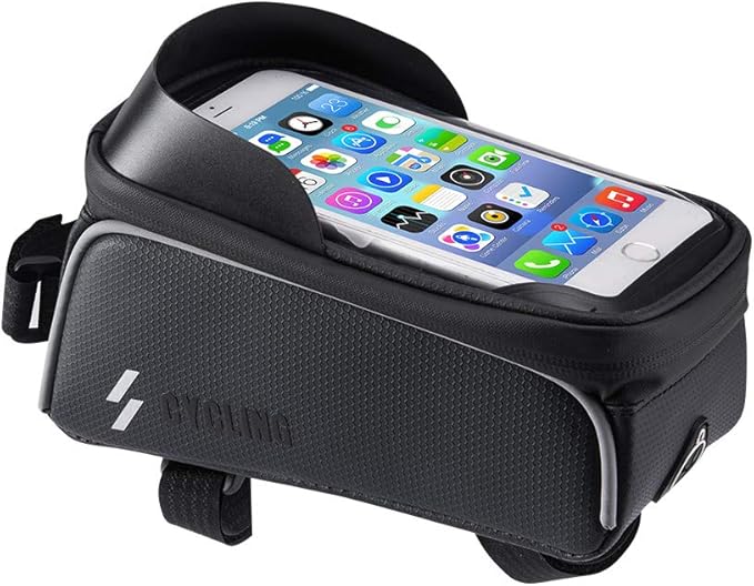 Bike Frame Bag, Bike Phone Mount, Waterproof Bicycle Handlebar Bag Cycling Front Top Tube Pouch Pannier Bike Phone Holder Stand for iPhone 16 15 14 13 12 11 Pro Max XS Samsung Smartphones Below 6.5''