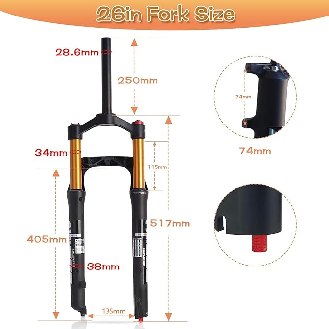 ZTZ 26 * 4.0 inch Fat Tire MTB Air Suspension Fork - Ultralight Rebound Adjustment Front Fork,120mm Travel, 135mm Spacing Hub，9mm QR，Crown Lockout， Ideal for Snow Beach XC Mountain Bikes