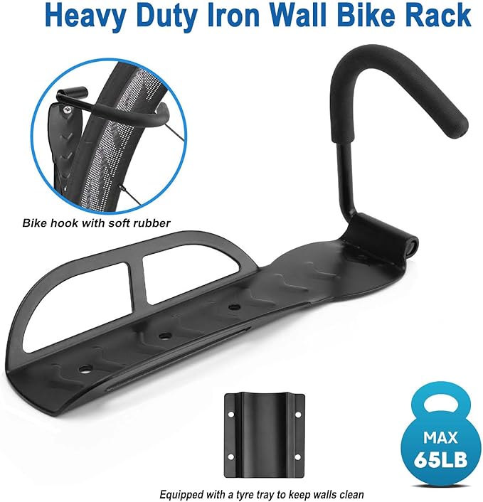 Garage Bike Rack Wall Mount, Bike Hanger Hooks, Heavy Duty Vertical Bicycle Storage System for Indoor, Mountain MTB and Road Bikes, Holds up to 65 lbs with Screws, 4 Pack