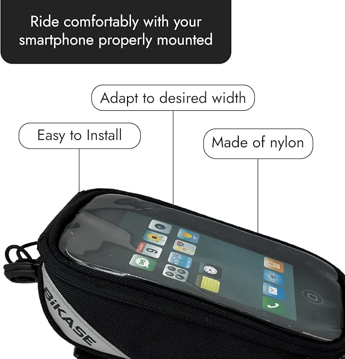BiKase Beetle Large E-Bike Phone Bag - Water Resistant Nylon Phone Mount for Bicycles, Fits iPhone 15/14/13 Max & Samsung Galaxy, Easy Install Top Tube Cell Holder for Ebikes