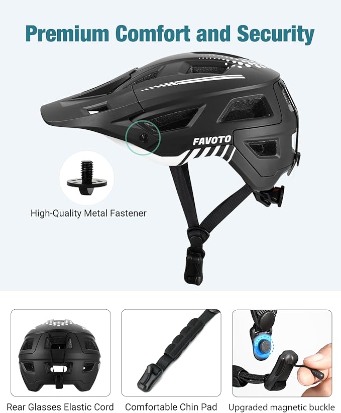 Favoto Adult Mountain Bike Helmet for Men & Women, Magnetic Buckle MTB Helmet with Removable Visor, Lightweight for Commuting & Off-Road Cycling