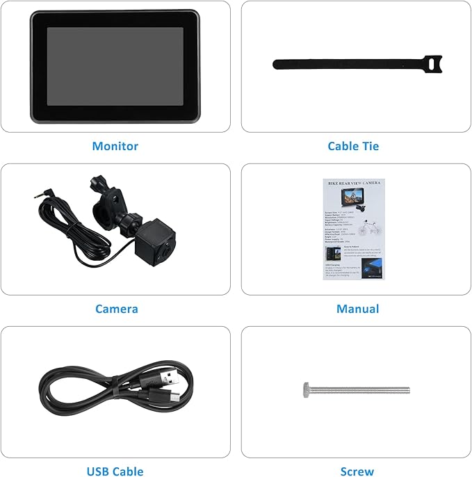 Shkalacar Bicycle Rear View Camera Handlebar Bike Mirror, 4.3'' Monitor 1080P Rechargeable Night Vision 150° Wide Angle View 360° Adjustable Bracket for Mountain Bicycle, Road Bike, E-bike