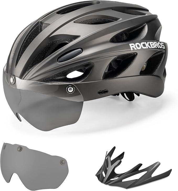 ROCKBROS Bike Helmet for Adult Men Women with Suggested Fit 58-65cm, Detachable Magnetic Goggles & Sun Visor, Lightweight with Adjustable Side and Chin Strap, Suitable for Myopia Glasses