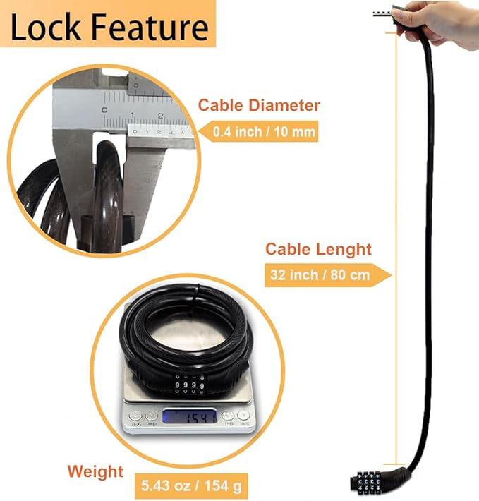 Long Coiled Security Resettable Combination Bike Cable 4 Digit Lock, Anti-Theft Accessories for Mountain and Road Bike, Electric Bicycle, Scooter, 32 inch