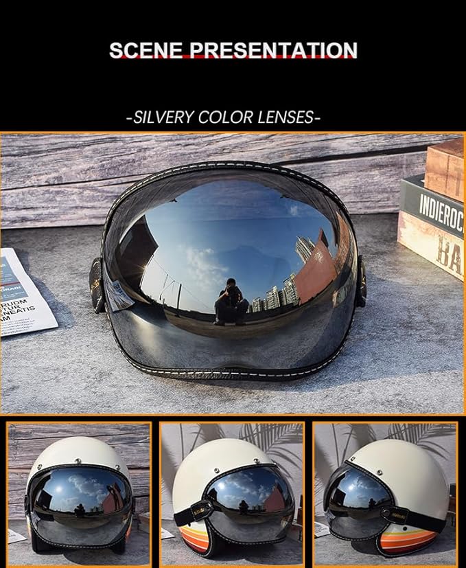 Universal Open Face 3/4 Helmet Visor Lens Bubble Motorcycle Windshield Capacete Lens Vintage Motorbike Helmet Goggles (Sliver)