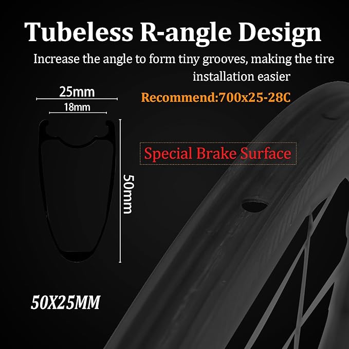 Superteam Carbon Wheelset 700c Rim V Brake 50mm Depth 25mm Width Road Bike Wheels Matte Finish, Tubeless Ready Support for 8-12 Speed Clincher & Tubeless