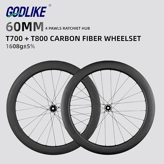 GODLIKE 700C Carbon Fiber Road Bike Wheelset 60mm Depth 20mm Width Rim Clincher Tubeless Ready Disc Brake Carbon Fiber Road Bike