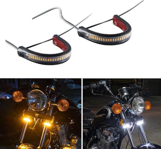 2PC Flexible Switchback Dual-Color White & Amber Motorcycle LED Fork Turn Signal Blinkers DRL Daytime Running Light Waterproof Adjustable Stips Bars kit Universal Fit Motorbike (39mm-70mm)