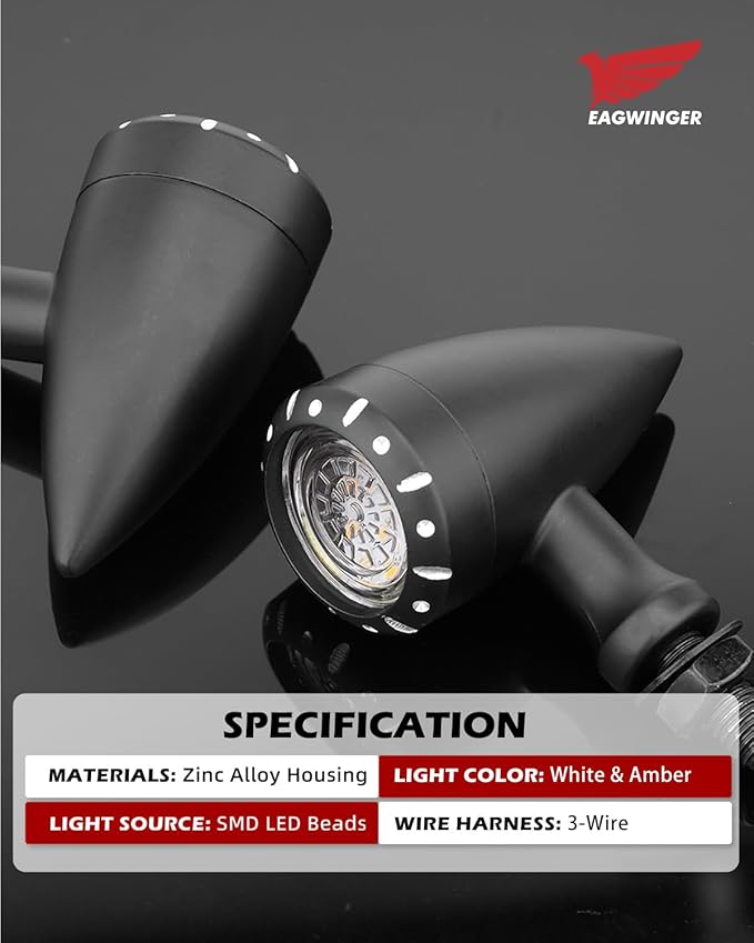 Bullet Style Motorcycle LED Turn Signals, Front Driving Light & Amber Indicator, Zinc Alloy Housing, M10 Mount Universal Fit for Cruiser Bobber Chopper Cafe Racer (Black-Front)