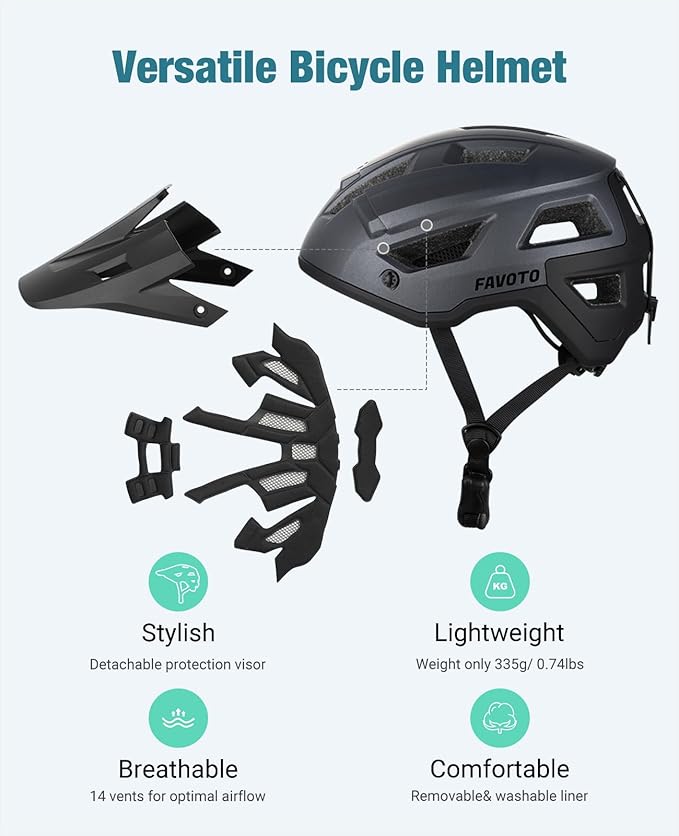 Favoto Adult Mountain Bike Helmet for Men & Women, Magnetic Buckle MTB Helmet with Removable Visor, Lightweight for Commuting & Off-Road Cycling