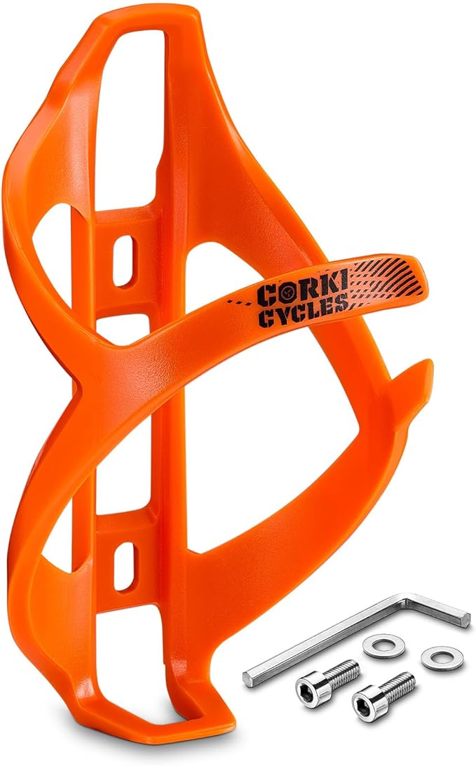 corki Cycles Bike Water Bottle Holder Right Side Load Water Bottle Cage for Road, MTB, Gravel Bicycle Vibrant Orange 1-Pack