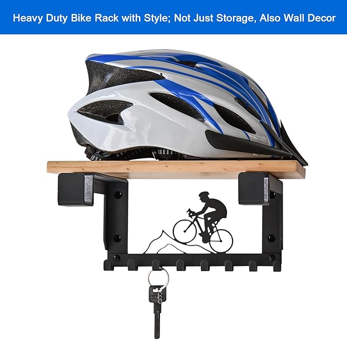 Bike Rack Wall Mount with Shelf and 8 Hooks Offer Horizontal Indoor Bike Storage for Sheds Garages. Wooden Bike Rack Bracket for Road, Mountain, Travel Bicycles, Maximizing Space