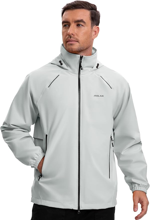 Men's Rain Jacket Waterproof Windproof Breathable for Hiking Cycling Commuting with Hood & Pockets