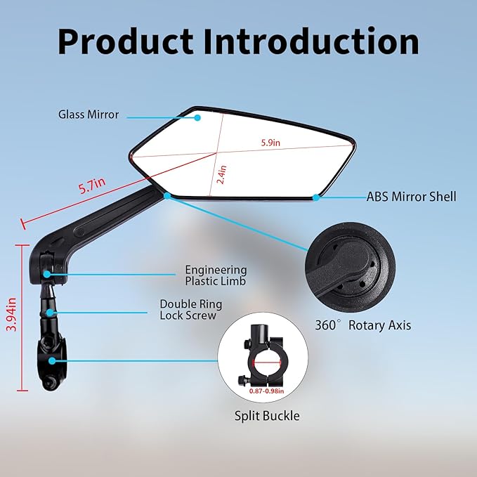 Bike Mirror, 1 Pair 360˚ Rotatable Bicycle Mirrors for Handlebars, Adjustable HD Wide Angle Bicycle Cycling Mirror, Bike Handlebar Rearview Mirror for Mountain Road Adult Bike, Ebike (Clear View)