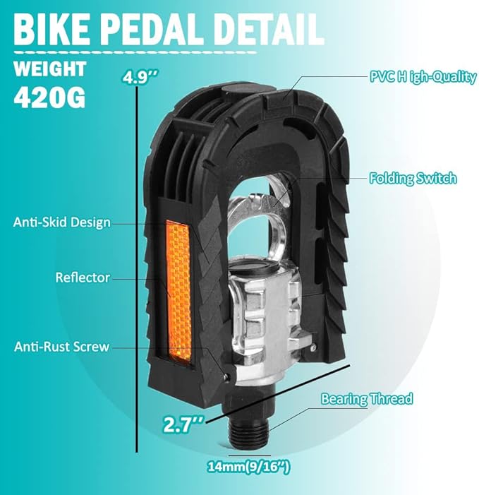 Bike Pedals, Folding Bike Pedals 9/16'' with Reflective Strips | Aluminum | Non-Slip | Waterproof | Wide Flat Cycling Foldable Pedals for Ebike, Urban Commute, MTB Bikes