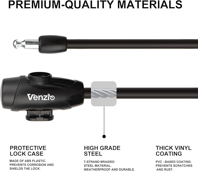 Venzio 4FT Heavy Duty Anti-Theft Bicycle Cable Lock, Bike Lock Cable with 2 Keys and Mounting Bracket, 1/2 inch(12mm) Coiled Steel Cable with Dustproof Insert for Bikes, Scooters, Gates, Fences