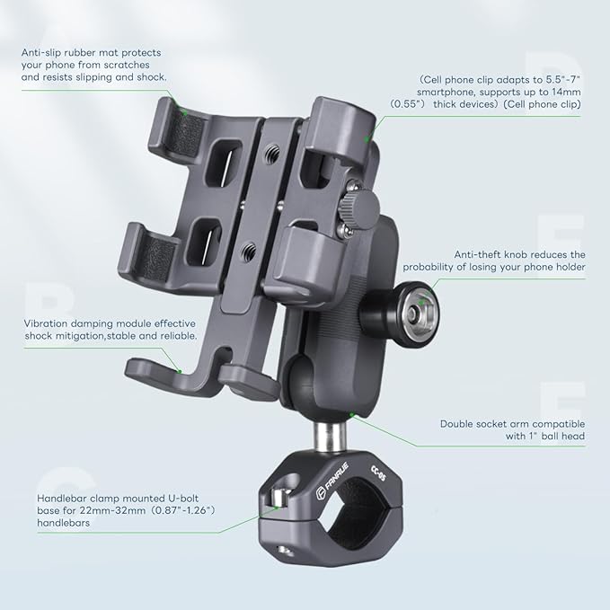 FANAUE Aluminum Anti-theft Bike Motorcycle Phone Mount with Vibration Dampener for bicycle/ATV/UTV/Scooter Handlebar, Compatible with RAM mounts B size phone holder Accessories for 5.5-7'' Smartphone.