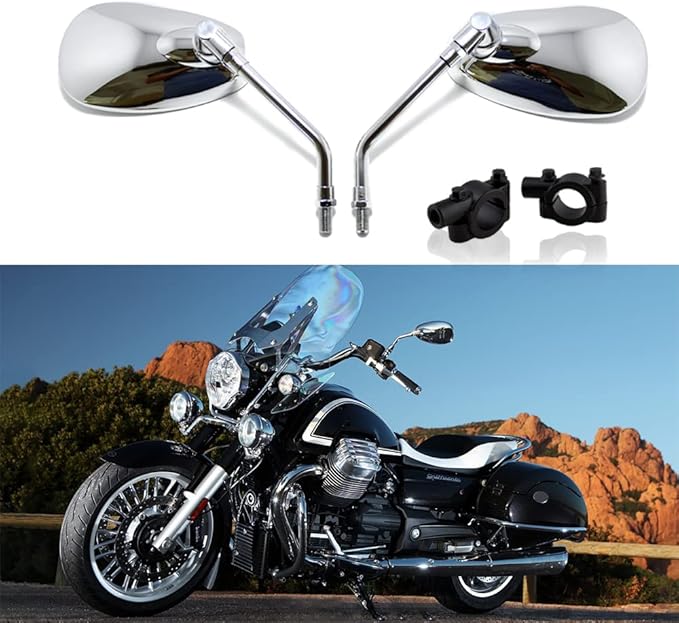 DREAMIZER Motorcycle Mirrors for Handlebars - 10mm Chrome Mirrors with Mount for Fury Shadow Rebel VTX Valkyrie Vstar Vulcan 900 Roadstar Scooter ATV - Oval