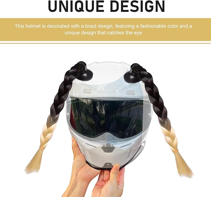 2 PCS Helmet Pigtails, Fun Pigtail Decorations for Helmet with Suction Cup, Detachable Fake Hair Decor, Universal for Motorcycle Bike Helmets (Black & Golden)