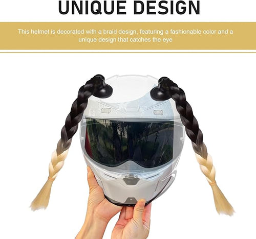 2 PCS Helmet Pigtails, Fun Pigtail Decorations for Helmet with Suction Cup, Detachable Fake Hair Decor, Universal for Motorcycle Bike Helmets (Black & Golden)