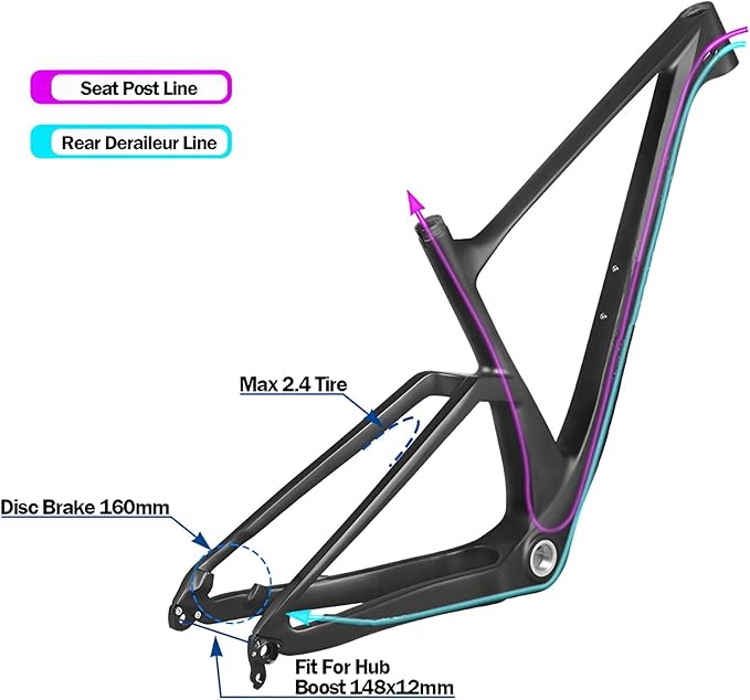 29er Mountain Bike Hardtail Frame 16.3/17.3/19.3/21.3in Thru Axle 12x148mm Boost Frame Disc Brake XC Cyclocross Frame Carbon Fibre Frame Internal Routing Max 2.4" Tire