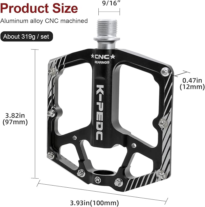 Bike Pedal Aluminum Alloy 9/16" Bike Pedal MTB Wide Platform Flat Non-Slip Bicycle Pedals with 3 Bearings for Mountain Bikes, Road, BMX