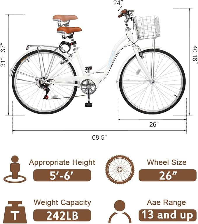 Ktaxon Women Bike 24/26 Inch Bicycles for Women, Beach Cruiser Bike with Premium Derailleur & Shift Lever, Adjustable Seat, High-Carbon Steel Frame and Excellent Welding Technology | Premium Derailleur, Shift Lever, Adjustable Seat