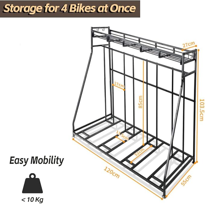 Kapler Bike Stand Rack - 4-Bicycle Floor Parking with Storage Basket & Anti-Slip Base for Garage Backyard Indoor & Outdoor Use - Fits Mountain Road & Hybrid Bikes