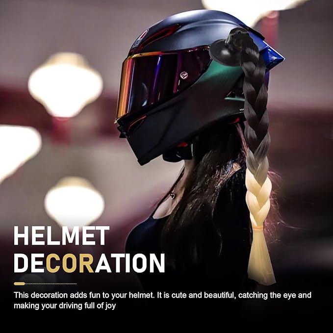 2 PCS Helmet Pigtails, Fun Pigtail Decorations for Helmet with Suction Cup, Detachable Fake Hair Decor, Universal for Motorcycle Bike Helmets (Black & Golden)
