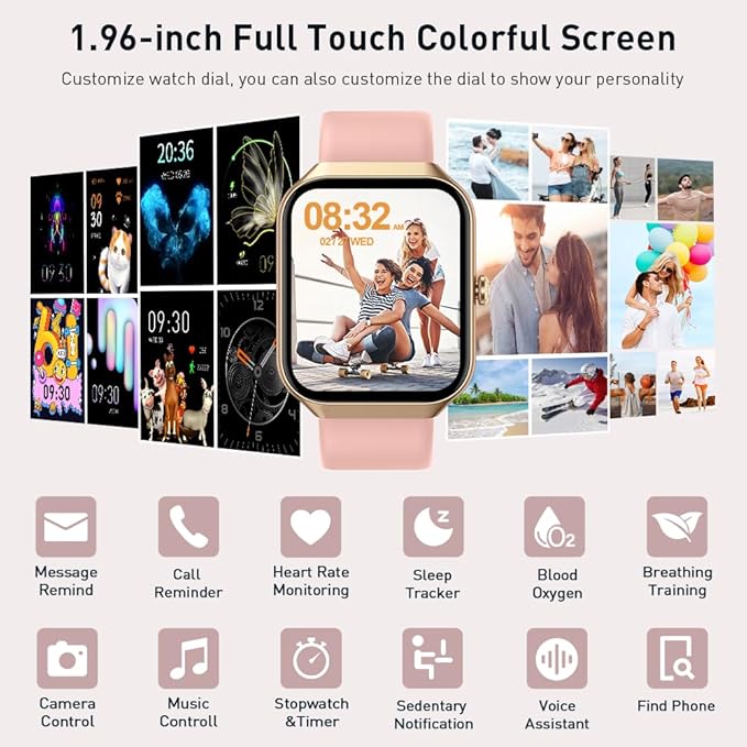 Smart Watch(Answer/Make Call), 1.96" HD Smartwatch for Men Women, 2026 New Fitness Watch with 112+ Sport Modes, Heart Rate, Sleep Monitor, Pedometer, IP68 Waterproof Activity Tracker Pink