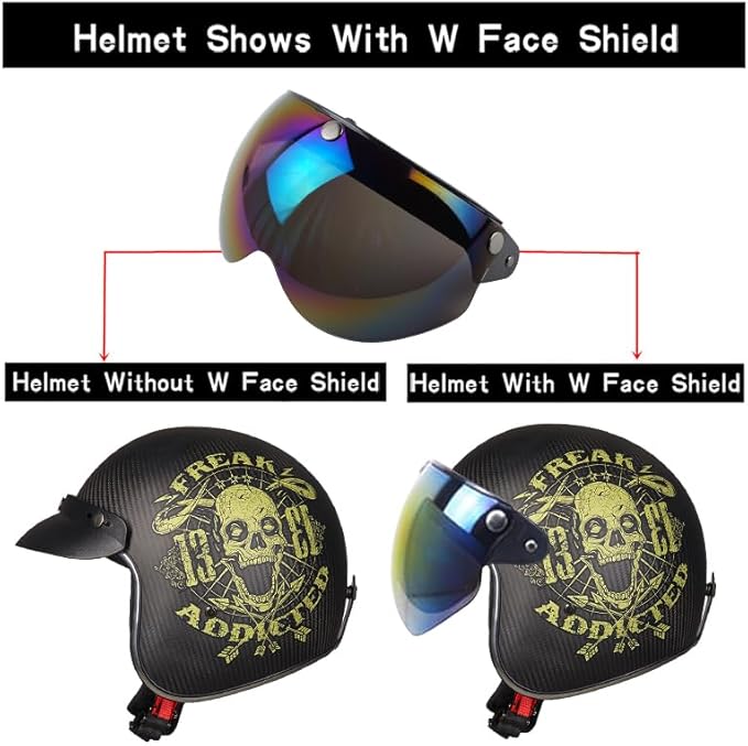 VCOROS Universal 3-Snap Retro Helmet Visor Open Face Motorcycle Helmets Shield(Rainbow)