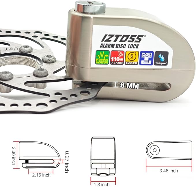 IZTOSS Motorcycle Alarm Disc Lock Anti-Theft Disc Brake Lock Waterproof 110 dB 7mm Pin 4ft Reminder Cable for Motorcycles Bicycles Scooter Carry Pouch（Optional Alarm）