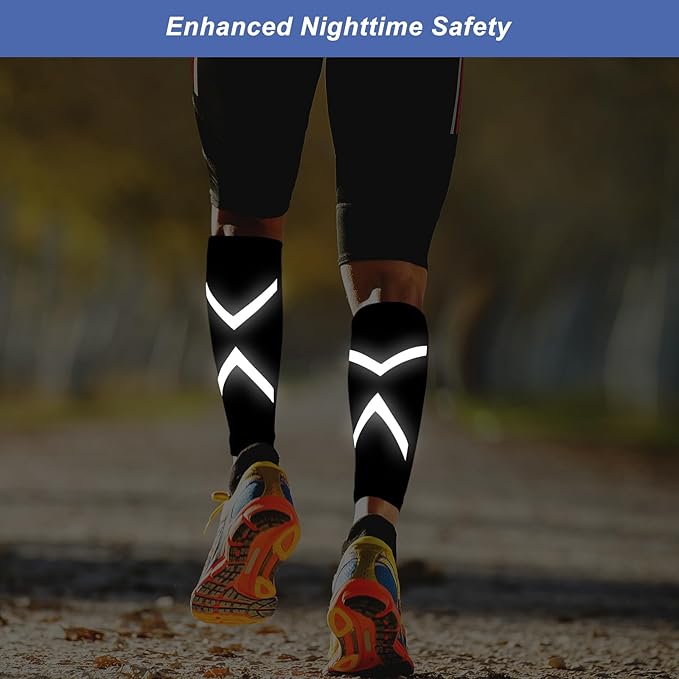 Calf Compression Sleeve for Men & Women, Reflective Footless Socks for Shin Splint Relief & Night Running, Cycling