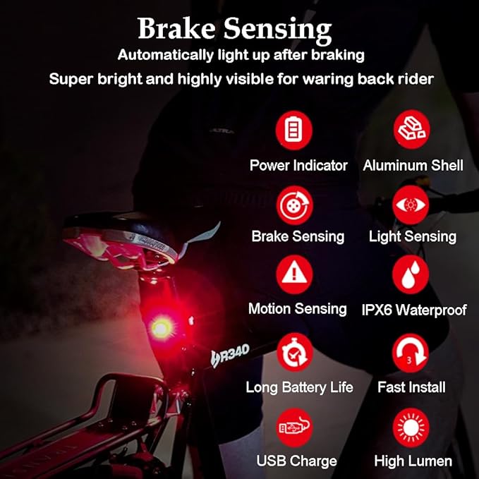 G Keni Smart Brake Sensing Rear Bike Lights, Auto Light Sensing Bike Tail Light, IPX6 Waterproof, Ultra Bright LED Taillights, Rechargeable Safety Road Back Bicycle Lights for Night Riding