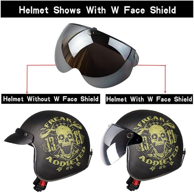 VCOROS Universal Motorcycle Retro Pilot-Style Standard 3 Snap-Button Visor Flip Up Down Open Face Helmet Half Face Shield(Chrome Silver)