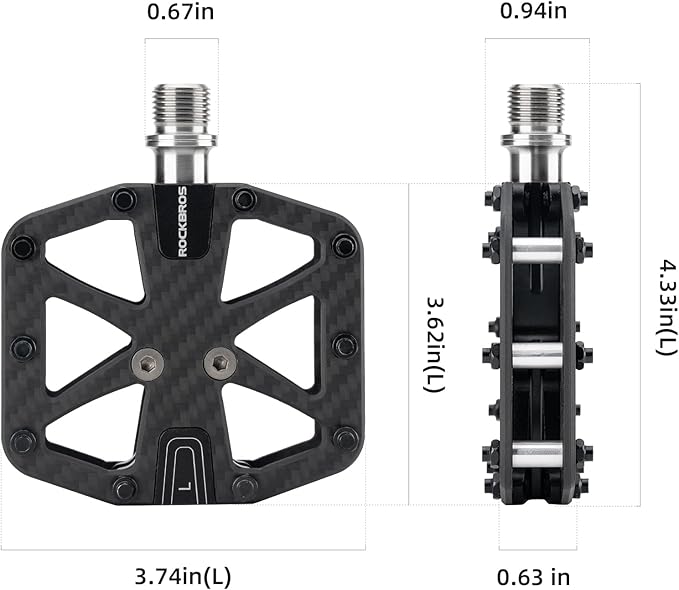 ROCKBROS Mountain Bike Pedals MTB Pedals Carbon Fiber 3 Bearing Lightweight Road Bicycle Pedals Non-Slip 9/16" Wide Flat Pedals