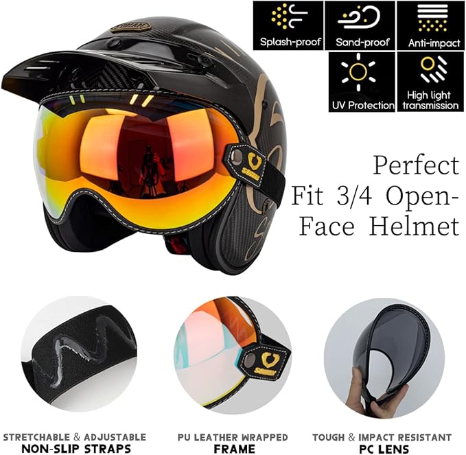 Retro Motorcycle Helmet Shield Bubble Visor, PC Goggles Lens Replacement Universal for 3/4 Open Face Full Helmet Bell Moto-3 (REVO Red)