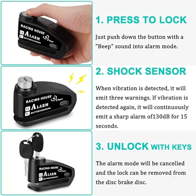 Motorcycle Alarm disc Brake Lock - USB Rechargeable, 130 Decibel Sound, Anti-Theft and Waterproof, Suitable for Various Bicycle and Motorcycle Models. with Reminder Rope and hex Wrench. (Red)