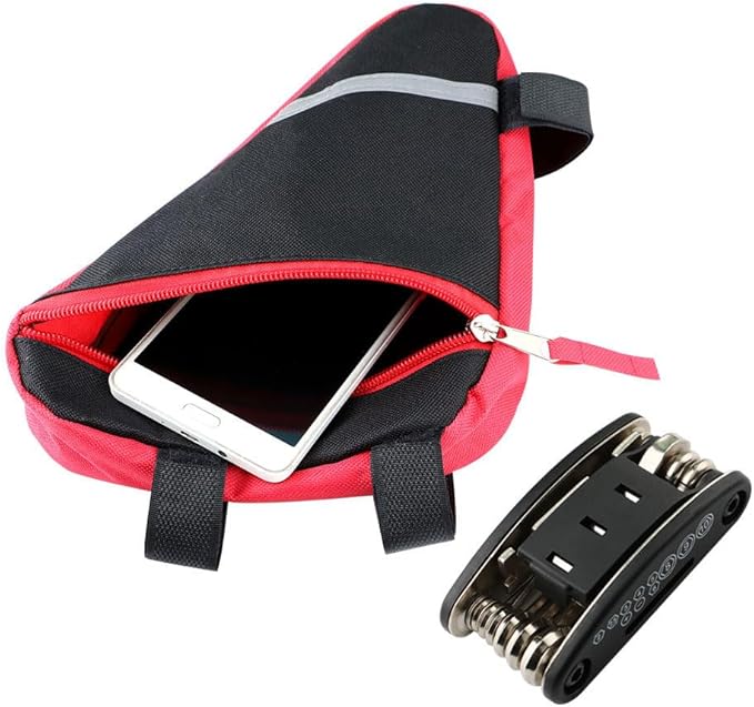 2 Pieces Bike Triangle Bag, Waterproof Bicycle Front Tube Frame Triangle Bag with Double-Sided Reflective Decoration (Red)
