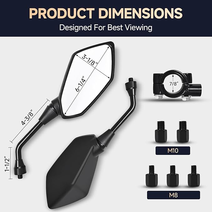 Motorcycle Rear View Mirrors with 8MM 10MM Bolts, 7/8" Handlebar Mount Clamp, Universal Hawk-Eye ATV Mirrors Compatible with Motorcycle Scooter Moped Snowmobile Dirt Bike and More