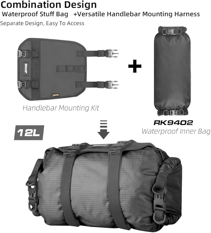 Rhinowalk Bike Handlebar Bag Waterproof 12L, Roll-Top Dry Bag with Removable Harness, Shoulder Strap, for Bikepacking, Camping, Commuting(Type 9400)