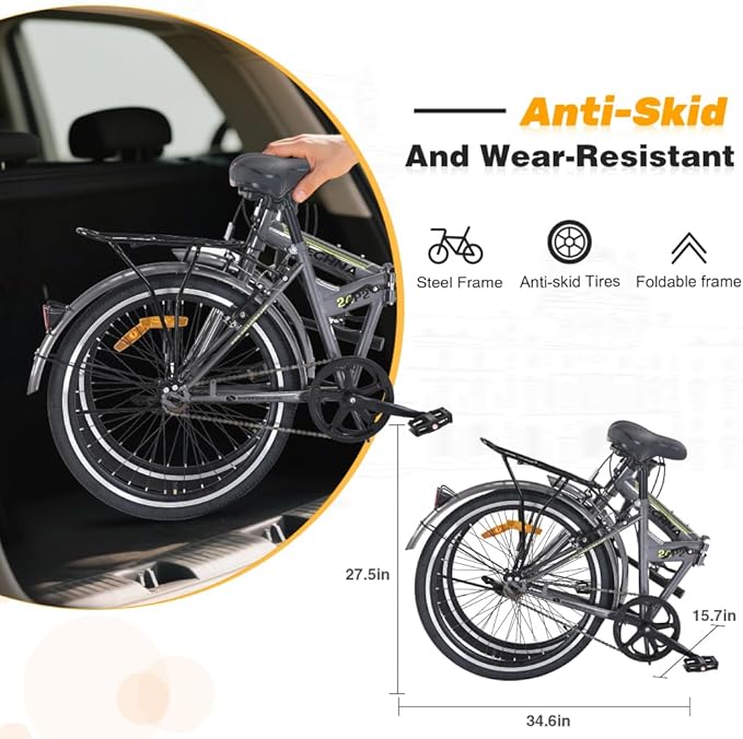 24 Inch Folding Bike for Adults, Steel Frame Single Speed City Commuter Bicycle, Dual V-Brake Portable Compact Bike with Fenders for Men Women