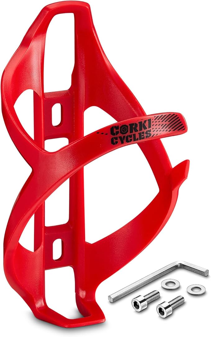 corki Cycles Bike Water Bottle Holder, Right Side Load Water Bottle Cage for Road, Mountain, Gravel Bicycle Red 1-Pack