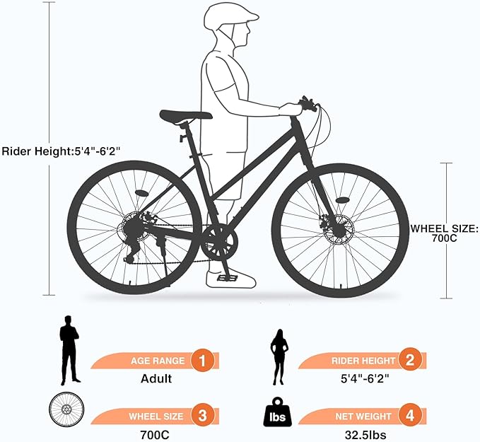 700C Road Hybrid Bike City Commuter Bicycle with 7 Speed/Front and Rear Disc Brakes/Steel Frame for Men Women Adult Available in A Variety of Colors