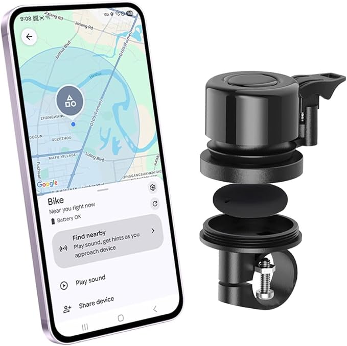 Bike Bell with Tracker Tag Work for Find Hub APP, Bike Mount for GPS Tracker Waterproof Classic Stainless Steel Holder, Anti-Theft,100dB, Fit 0.83''/22.0, 1''/25.4mm Handlebars (Android Only)