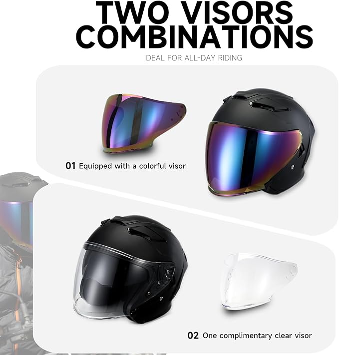 TCT-MOTORPARTS Adult Dual Visors 3/4 Open Face Motorcycle Helmet Motorbike Racing Street Bike Helmets DOT Approved Matte Black X-Large